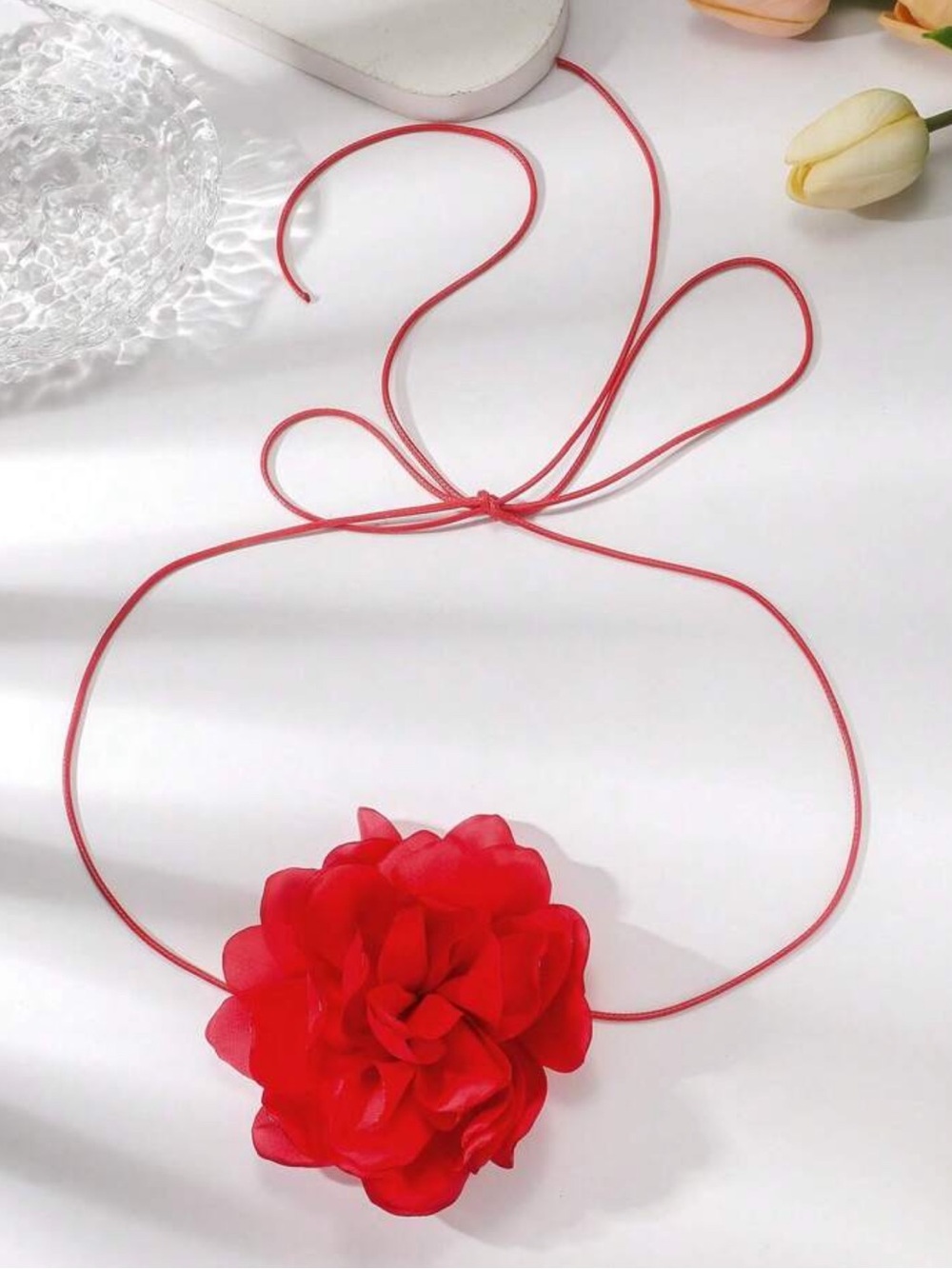 Red Floral Ribbon Necklace with Fabric Flower